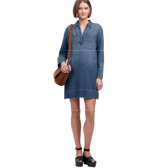 NEW MADEWELL Popover Mini Dress: Airy Denim Edition Collared V-Neck Size Small - Picture 1 of 11